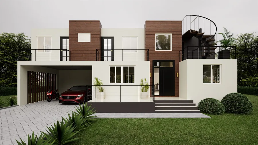 Photorealistic render of the front elevation of a modern residence with dark timber accents and a paved driveway.